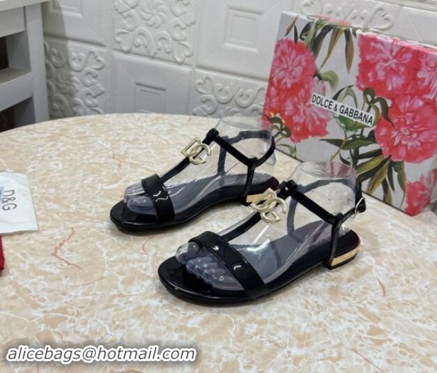 1:1 aaaaa Dolce & Gabbana DG Patent Calfskin Flat Sandals Black 604149