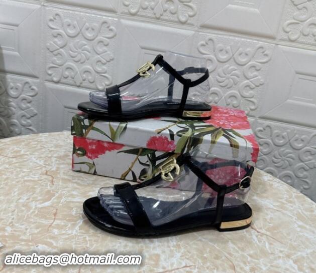 1:1 aaaaa Dolce & Gabbana DG Patent Calfskin Flat Sandals Black 604149