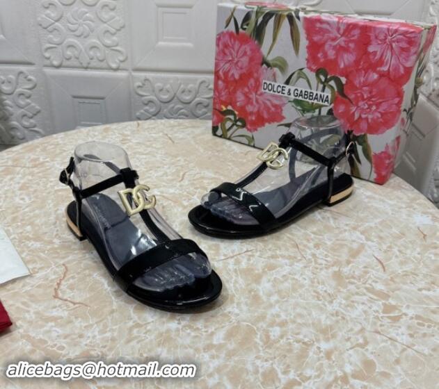 1:1 aaaaa Dolce & Gabbana DG Patent Calfskin Flat Sandals Black 604149