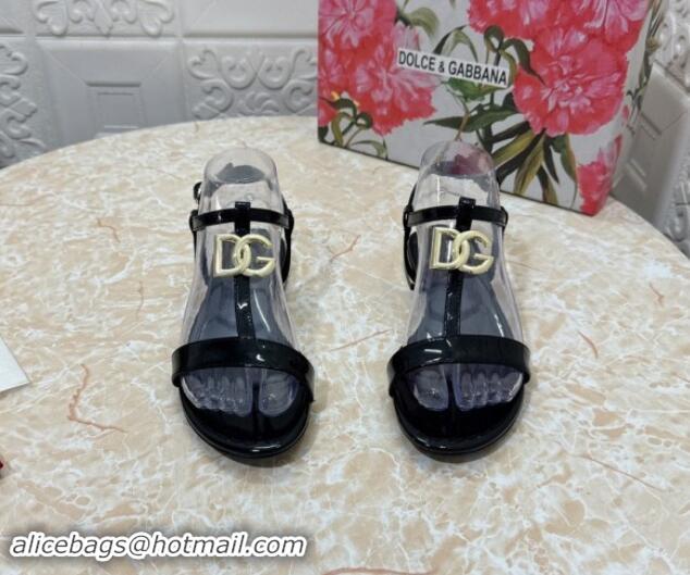 1:1 aaaaa Dolce & Gabbana DG Patent Calfskin Flat Sandals Black 604149