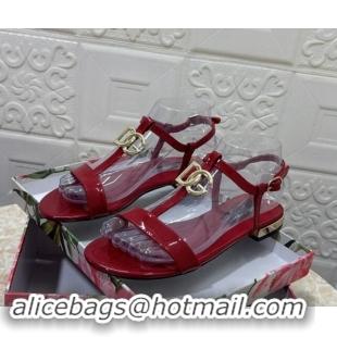 Sumptuous Dolce & Gabbana DG Patent Calfskin Flat Sandals Red 604150