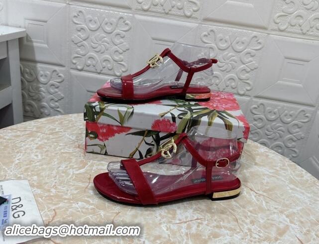 Sumptuous Dolce & Gabbana DG Patent Calfskin Flat Sandals Red 604150