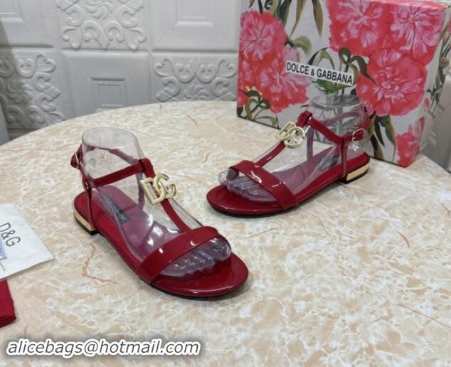 Sumptuous Dolce & Gabbana DG Patent Calfskin Flat Sandals Red 604150