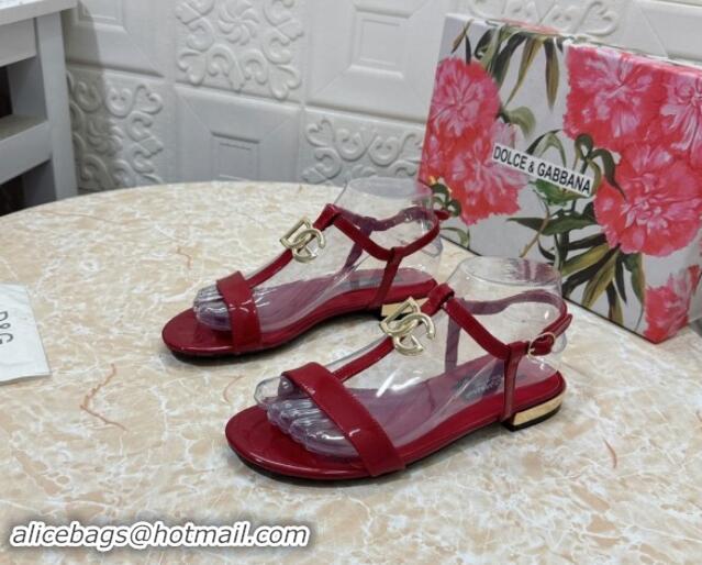 Sumptuous Dolce & Gabbana DG Patent Calfskin Flat Sandals Red 604150