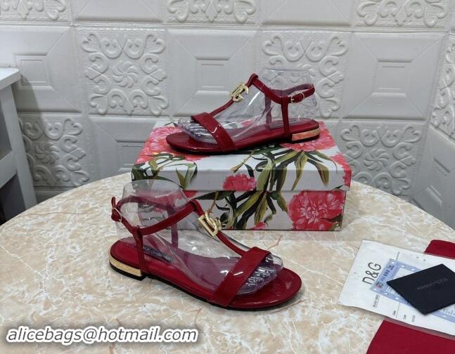 Sumptuous Dolce & Gabbana DG Patent Calfskin Flat Sandals Red 604150