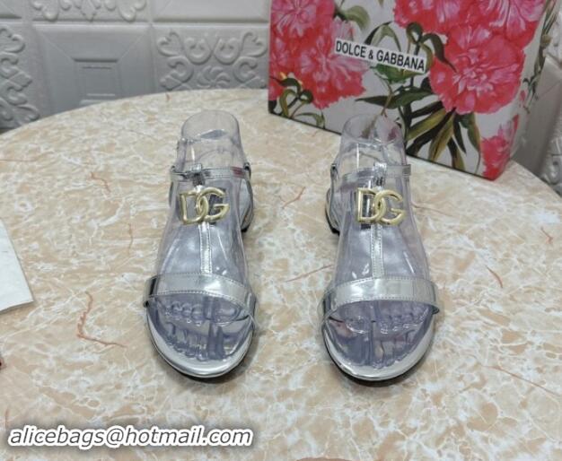 Stylish Dolce & Gabbana DG Patent Calfskin Flat Sandals Silver 604151