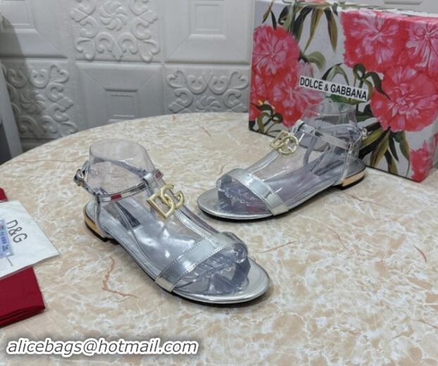 Stylish Dolce & Gabbana DG Patent Calfskin Flat Sandals Silver 604151