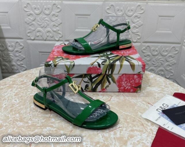 Hot Style Dolce & Gabbana DG Patent Calfskin Flat Sandals Green 604152