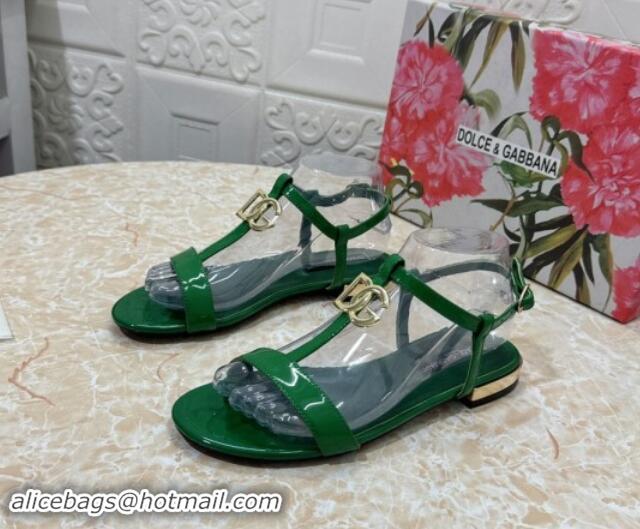 Hot Style Dolce & Gabbana DG Patent Calfskin Flat Sandals Green 604152