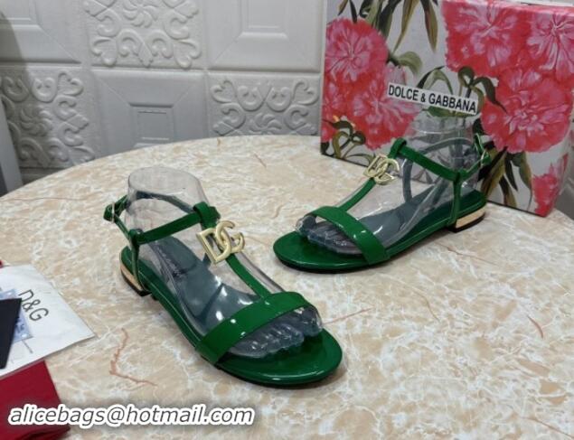 Hot Style Dolce & Gabbana DG Patent Calfskin Flat Sandals Green 604152