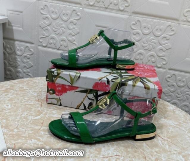 Hot Style Dolce & Gabbana DG Patent Calfskin Flat Sandals Green 604152