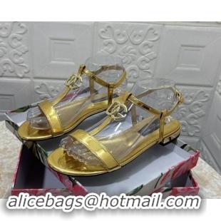 Stylish Dolce & Gabbana DG Patent Calfskin Flat Sandals Gold 604153