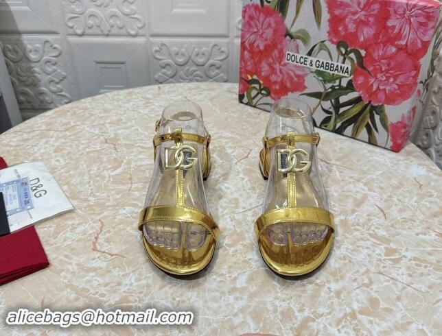 Stylish Dolce & Gabbana DG Patent Calfskin Flat Sandals Gold 604153