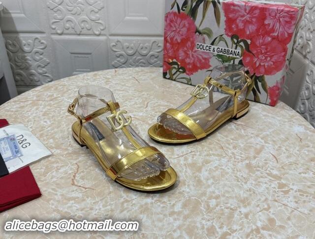 Stylish Dolce & Gabbana DG Patent Calfskin Flat Sandals Gold 604153