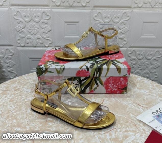 Stylish Dolce & Gabbana DG Patent Calfskin Flat Sandals Gold 604153