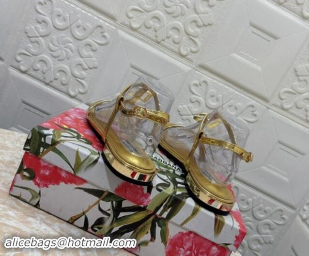 Stylish Dolce & Gabbana DG Patent Calfskin Flat Sandals Gold 604153