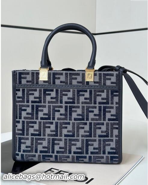 Buy Classic Fendi Sunshine Small Tote Bag in FF chenille fabric 8618 Dark Blue 2024