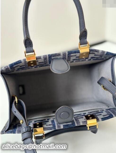 Buy Classic Fendi Sunshine Small Tote Bag in FF chenille fabric 8618 Dark Blue 2024