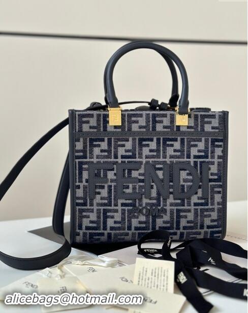 Buy Classic Fendi Sunshine Small Tote Bag in FF chenille fabric 8618 Dark Blue 2024