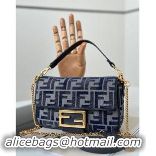 High Quality Fendi Baguette Mini Bag in FF chenille fabric 8579S Dark Blue 2024