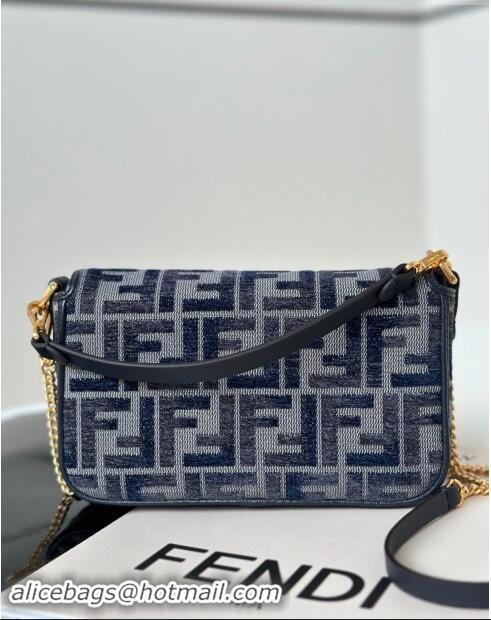 High Quality Fendi Baguette Mini Bag in FF chenille fabric 8579S Dark Blue 2024