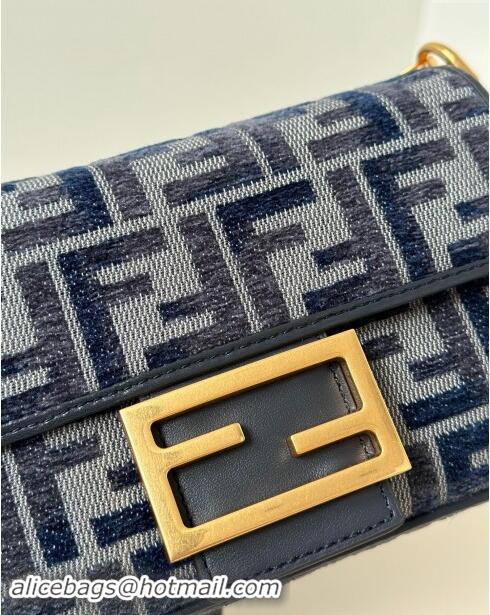 High Quality Fendi Baguette Mini Bag in FF chenille fabric 8579S Dark Blue 2024