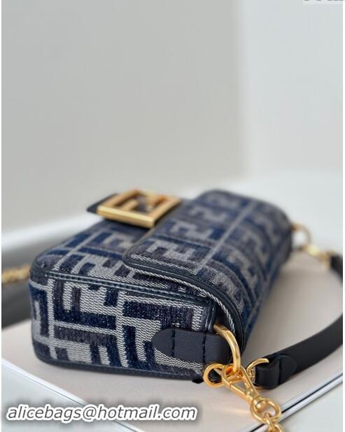 High Quality Fendi Baguette Mini Bag in FF chenille fabric 8579S Dark Blue 2024