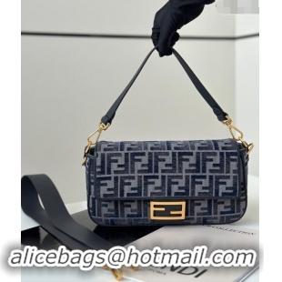 Buy New Cheap Fendi Baguette Medium Bag in FF chenille fabric 8579M Dark Blue 2024