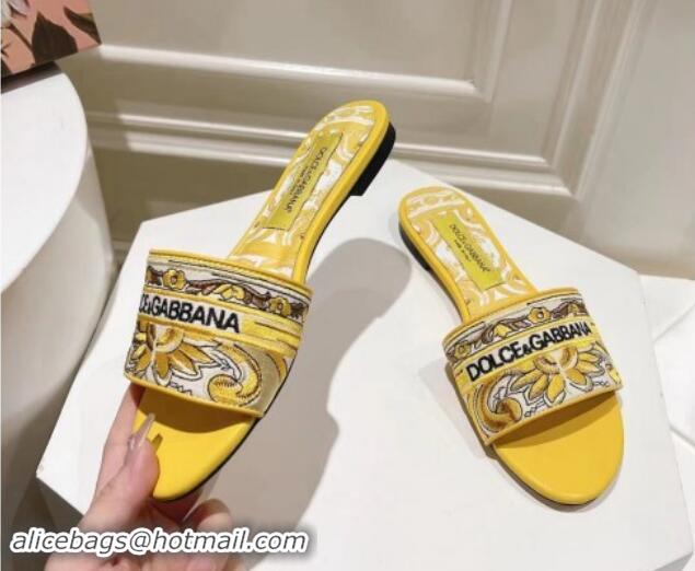 Good Product Dolce & Gabbana DG Flat Slide Sandals in Yellow Embroidery 725041