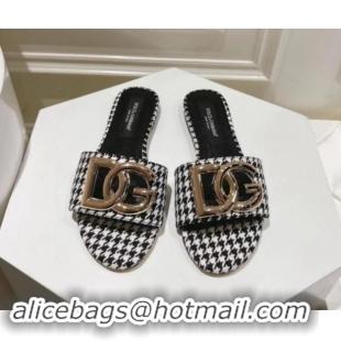 Unique Discount Dolce & Gabbana DG Flat Slide Sandals in Houndstooth Fabric Black/White 725042