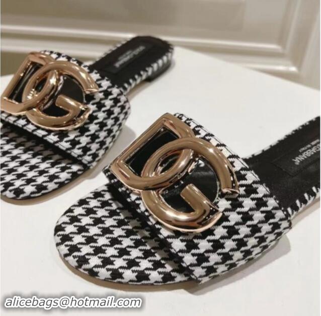 Unique Discount Dolce & Gabbana DG Flat Slide Sandals in Houndstooth Fabric Black/White 725042