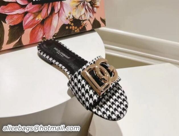 Unique Discount Dolce & Gabbana DG Flat Slide Sandals in Houndstooth Fabric Black/White 725042