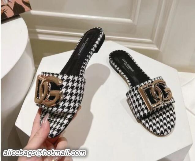 Unique Discount Dolce & Gabbana DG Flat Slide Sandals in Houndstooth Fabric Black/White 725042