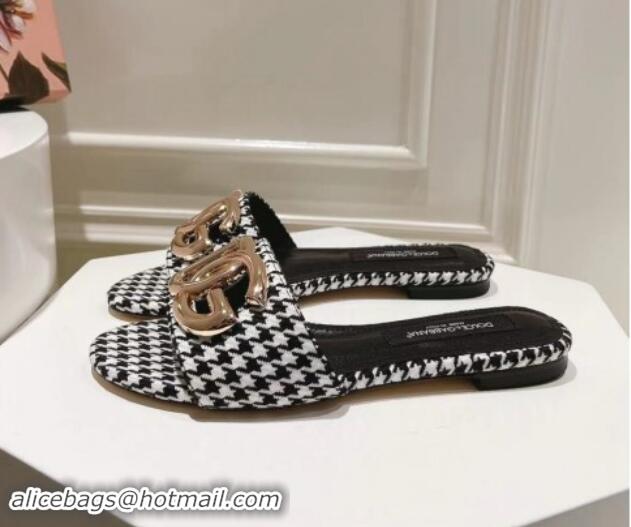 Unique Discount Dolce & Gabbana DG Flat Slide Sandals in Houndstooth Fabric Black/White 725042