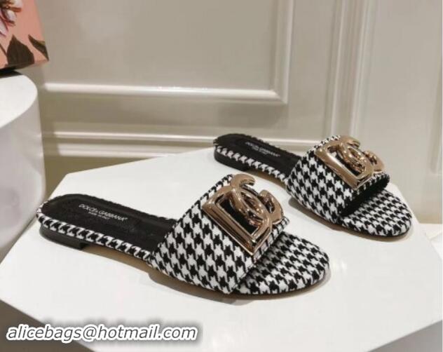 Unique Discount Dolce & Gabbana DG Flat Slide Sandals in Houndstooth Fabric Black/White 725042