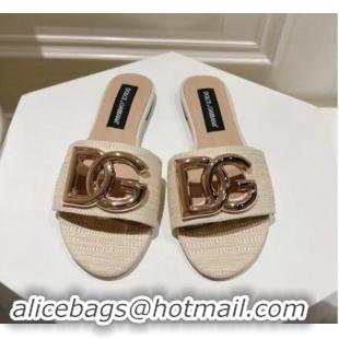 Pretty Style Dolce & Gabbana DG Straw-Like Flat Slide Sandals Light Beige 725044