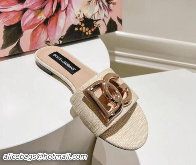 Pretty Style Dolce & Gabbana DG Straw-Like Flat Slide Sandals Light Beige 725044