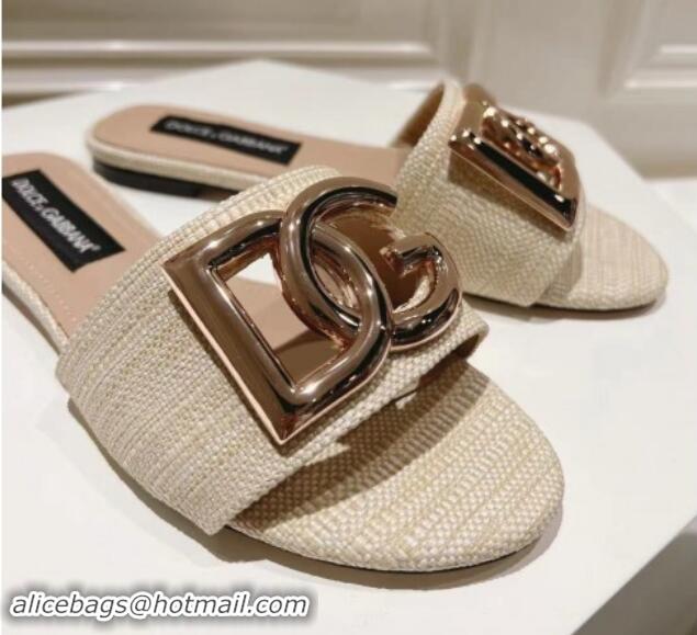 Pretty Style Dolce & Gabbana DG Straw-Like Flat Slide Sandals Light Beige 725044