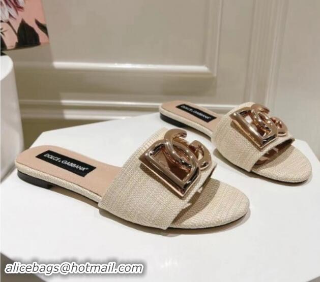 Pretty Style Dolce & Gabbana DG Straw-Like Flat Slide Sandals Light Beige 725044