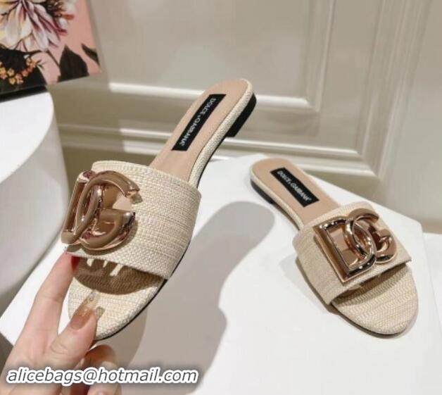 Pretty Style Dolce & Gabbana DG Straw-Like Flat Slide Sandals Light Beige 725044