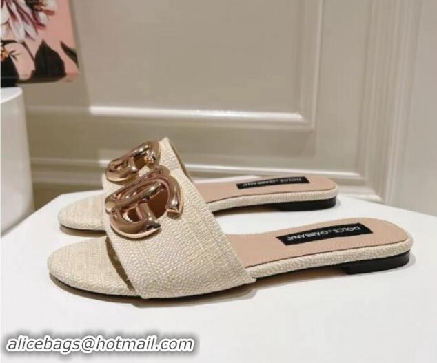 Pretty Style Dolce & Gabbana DG Straw-Like Flat Slide Sandals Light Beige 725044