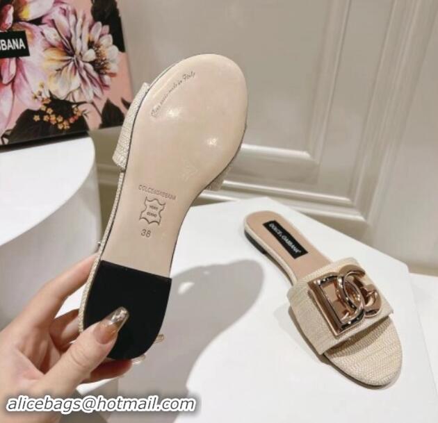 Pretty Style Dolce & Gabbana DG Straw-Like Flat Slide Sandals Light Beige 725044