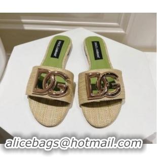 Best Grade Dolce & Gabbana DG Straw-Like Flat Slide Sandals Beige/Green 725045