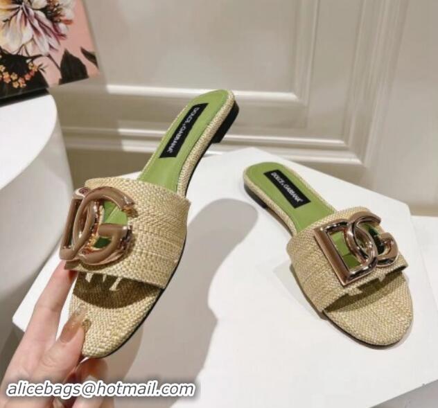 Best Grade Dolce & Gabbana DG Straw-Like Flat Slide Sandals Beige/Green 725045