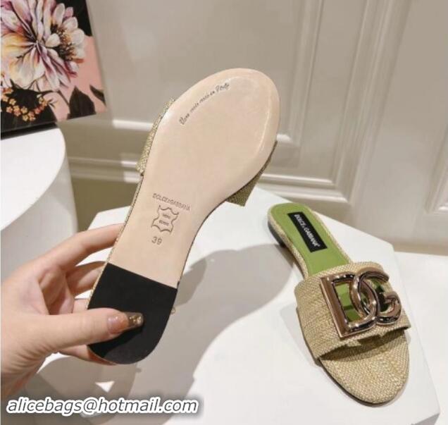 Best Grade Dolce & Gabbana DG Straw-Like Flat Slide Sandals Beige/Green 725045