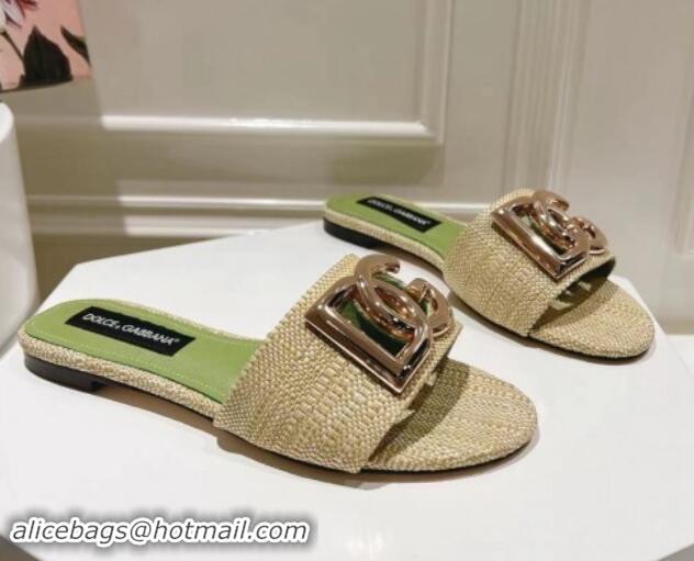 Best Grade Dolce & Gabbana DG Straw-Like Flat Slide Sandals Beige/Green 725045