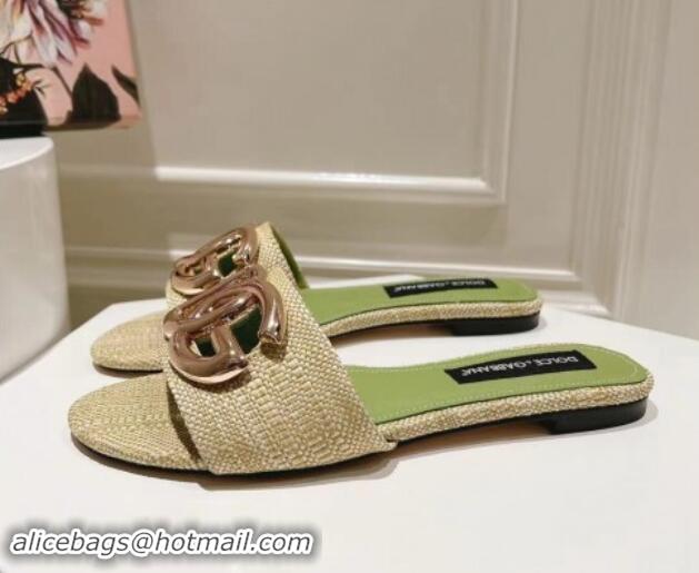 Best Grade Dolce & Gabbana DG Straw-Like Flat Slide Sandals Beige/Green 725045