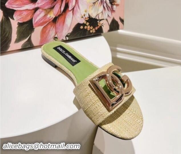 Best Grade Dolce & Gabbana DG Straw-Like Flat Slide Sandals Beige/Green 725045