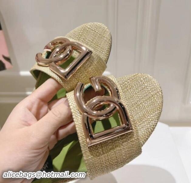 Best Grade Dolce & Gabbana DG Straw-Like Flat Slide Sandals Beige/Green 725045