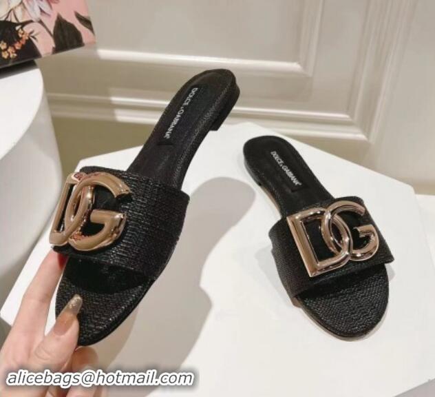 Classic Hot Dolce & Gabbana DG Straw-Like Flat Slide Sandals Black 725046